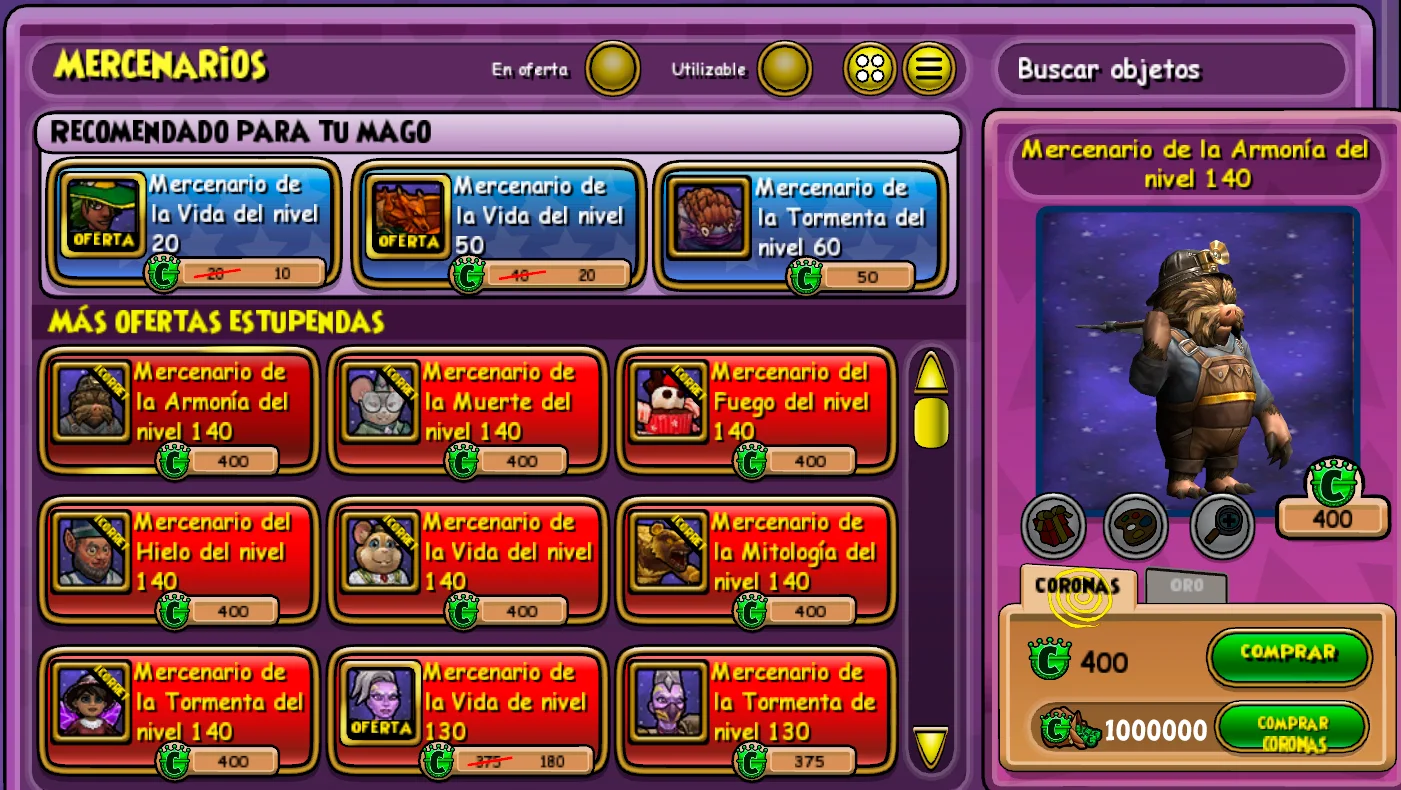 Mercenarios de nivel 140 en la tienda de coronas de Wizard101