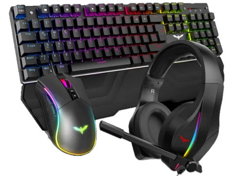 Havit Mechanical Gaming Keyboard Mouse Headset Set, RGB QWERTZ Wrist Rest Keyboard (DE Layout), 4800 Dots Per Inch Gaming Mouse and RGB Gaming Headset (KB380L).