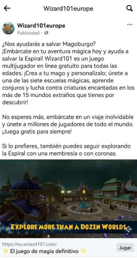 Anuncio de Wizard101 Europe en Facebook